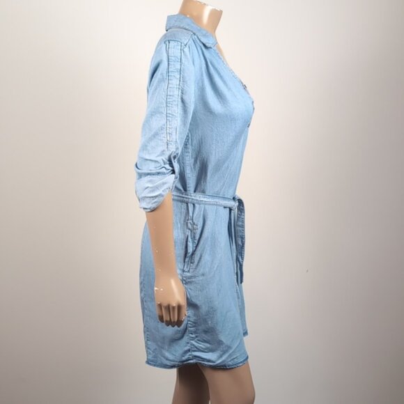 Velvet Heart Chambray Denim Shirt Dress Tie Belt Henley Buttoned Long Sleeve - Picture 8 of 11